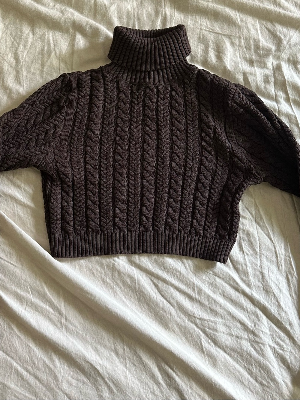 Cable-Knit Turtleneck Crop Sweater - Brown
